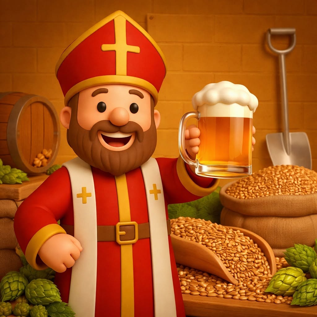 Mascota de San Arnulfo brindando con una cerveza